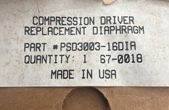 NOS Compression Driver Replacement Diaphragm PSD3003-16DIA 16 ohms MADE IN USA