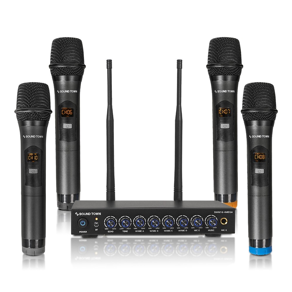 Sound Town Wireless Karaoke Mixer System with 4 Metal Handheld Mics SWM16-4MEGA