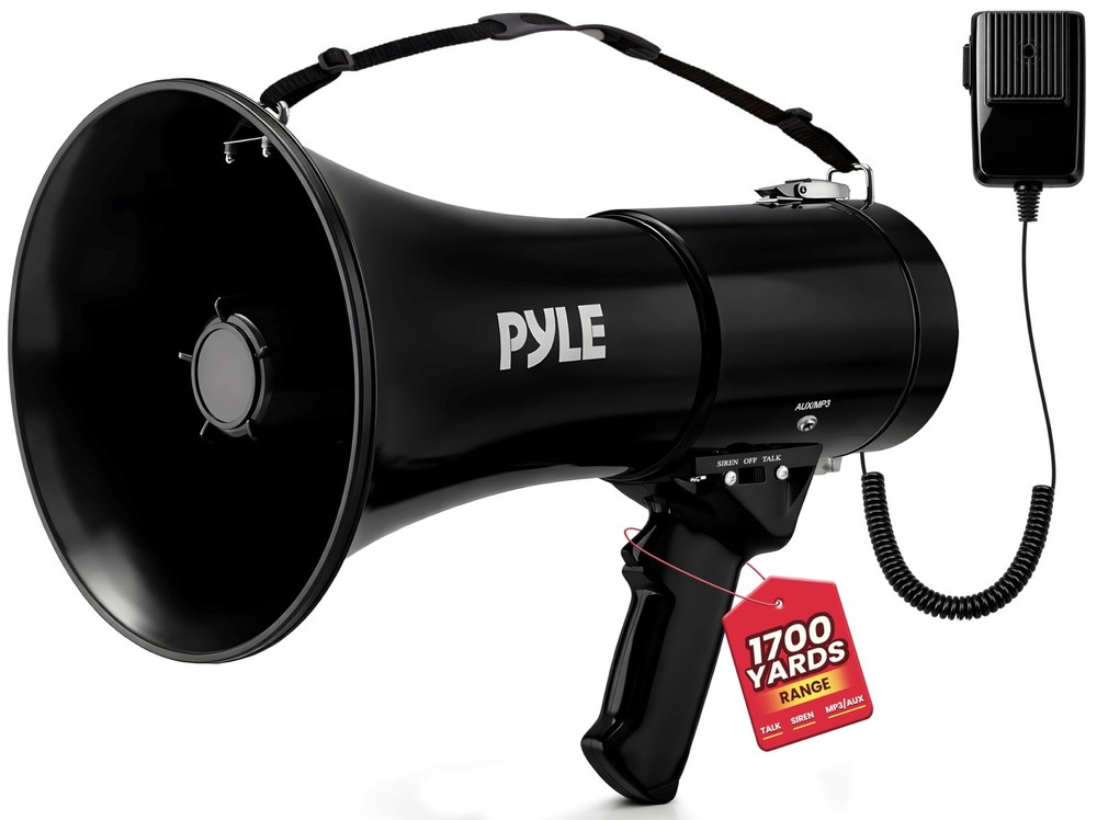 PYLE 50W Megaphone Speaker PA Bullhorn 9.50 x x 14.00″, Black Aux Input