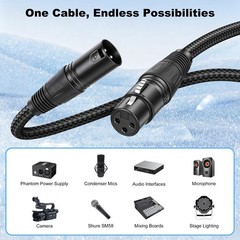 6ft XLR Cable 2-Pack, Nylon Braided Male to Female Mic Cable for Studio & Live S