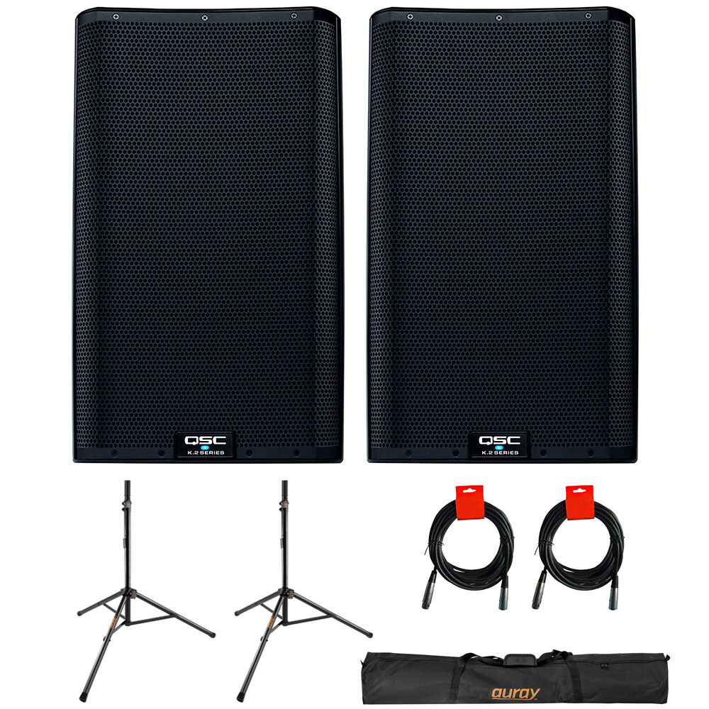 QSC K12.2 Active 12″ 2000 Watt Loudspeaker, Pair w/ 2x Stand & 2x XLR Cable