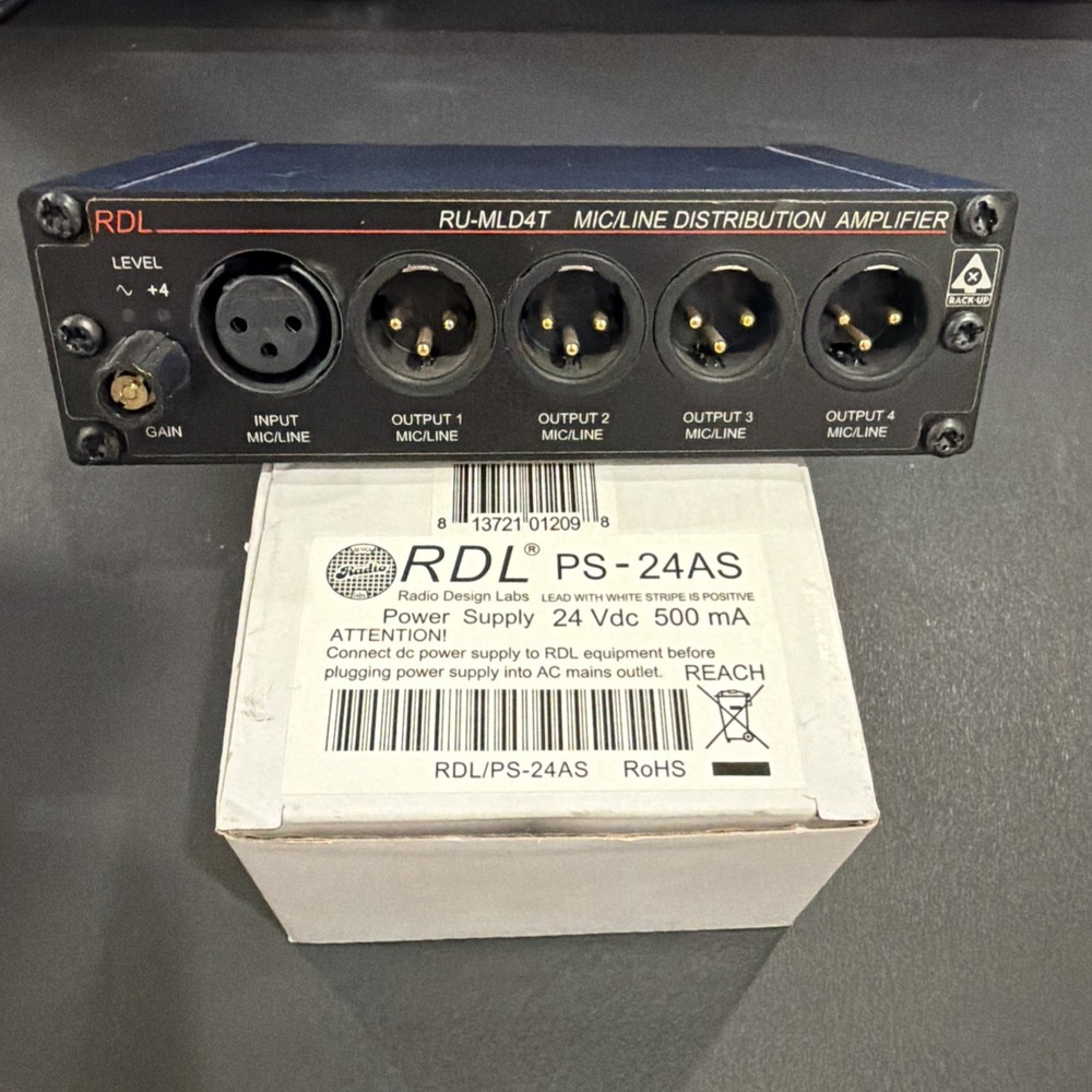 RDL RU-MLD4 Mic/Line Distribution Amplifier, One In – Four Out, w/ Power Supply