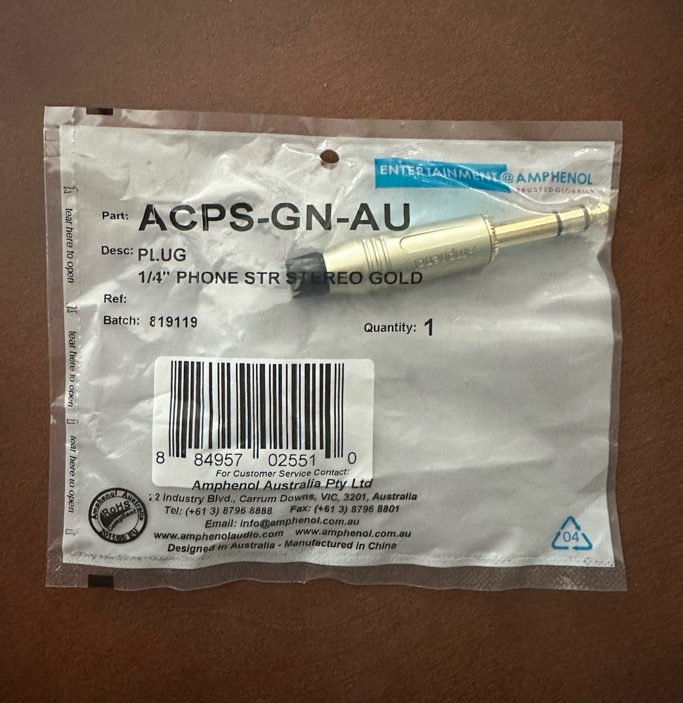 Amphenol – ACPS-GN-AU Straight 1/4” Stereo Phone Plug Connector – Gold – New