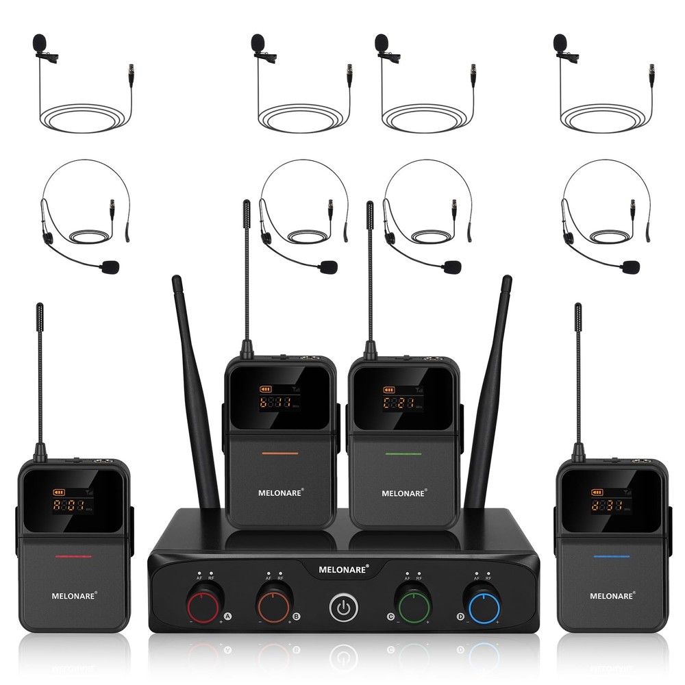 MELONARE 4-Channel Wireless Microphone System,UHF 4 Bodypack Mics, Black
