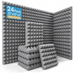 24 Pack Pyramid Acoustic Foam Panels, 12 x 12 x 2 Inches 24 Pack Pyramid (Gray)