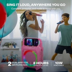 JOYC Mic Drop Karaoke Machine with 2 Wireless Mics & RGB Lights Pink Multicolor