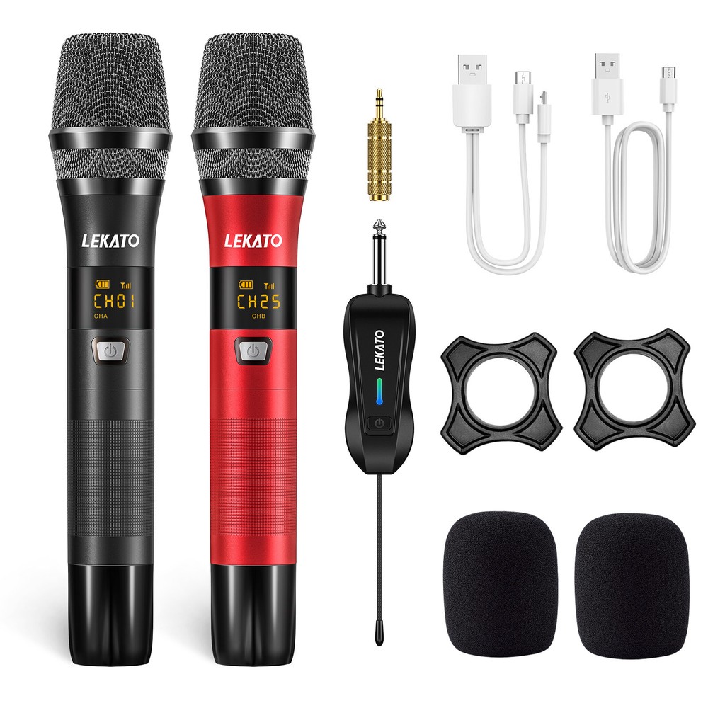 LEKATO UHF Wireless Microphone Cordless Metal Dual Handheld Dynamic 25 channels