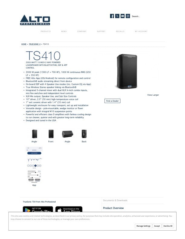 Alto TS410 10″ 2Way Powered Loudspeaker With Bluetooth, DSP and App Control