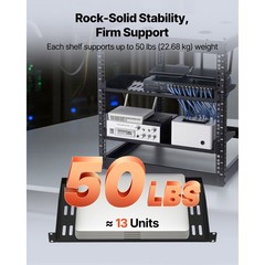 Steel 1U Server Rack Shelf 10in Deep, 50lb Capacity, Vented Design