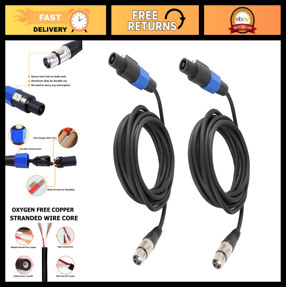 15ft SpeakOn to XLR Cable – 2 Pack Male to Female Audio Extension Wire for DJ PA