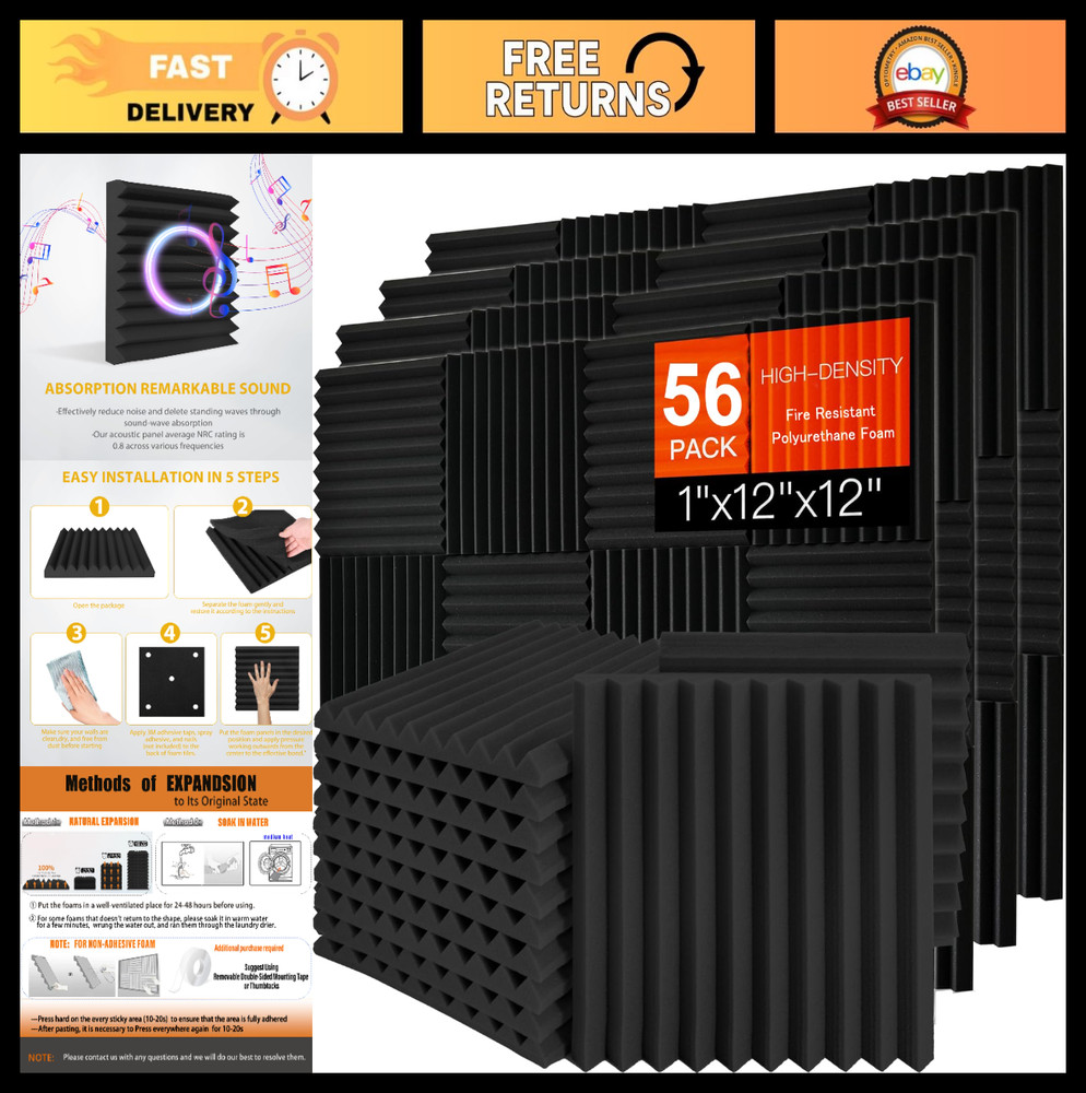 56 Pack Acoustic Foam Panels 1″x12″x12″ Soundproof Wall Panels, Noise Cancelling