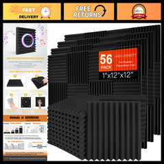 56 Pack Acoustic Foam Panels 1″x12″x12″ Soundproof Wall Panels, Noise Cancelling