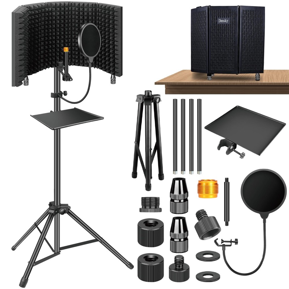 Dmsky Microphone Isolation Shield with Pop Filter & Tripod Stand, Foldable Mic S