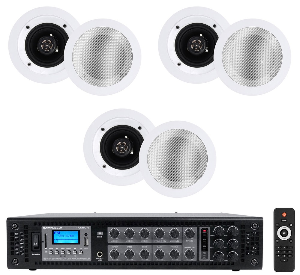 Rockville RCS180-6 70v Commercial Amplifier w/Bluetooth+(6) 4″ Speakers in White