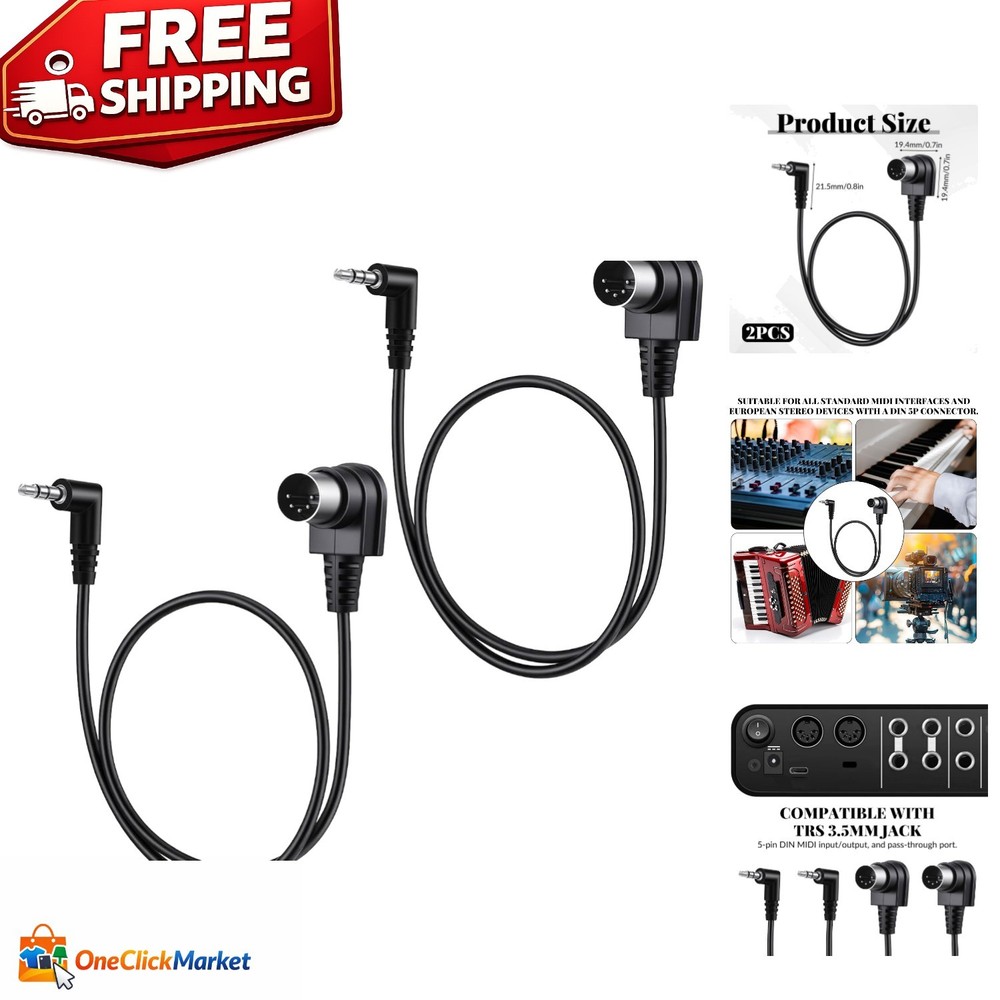 2 Pack High-Speed MIDI Cables: 3.5mm Angled to Straight TRS for Tight Spaces