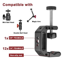 Microphone Holder C Clamp 1/4 3/8 Thread Mic Clip 5/8 Screw Adapter 12 LBS