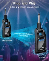 Wireless Guitar System 2.4Ghz with 6 Channels 24Bit/48Khz Hi-Res Audio Rechargea