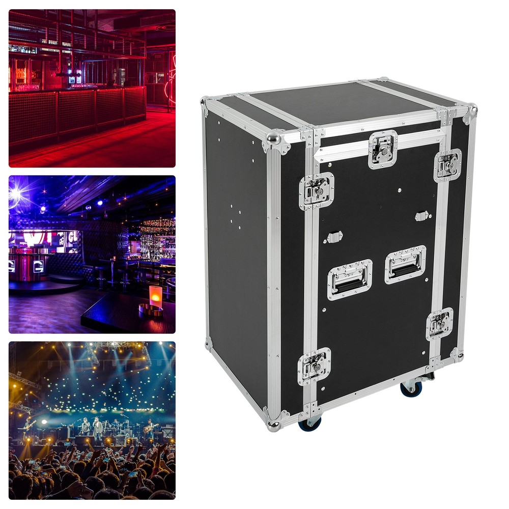 14U PA DJ Cabinet Black Rack Free Standing Network & Stereo Rack With 4 Wheels