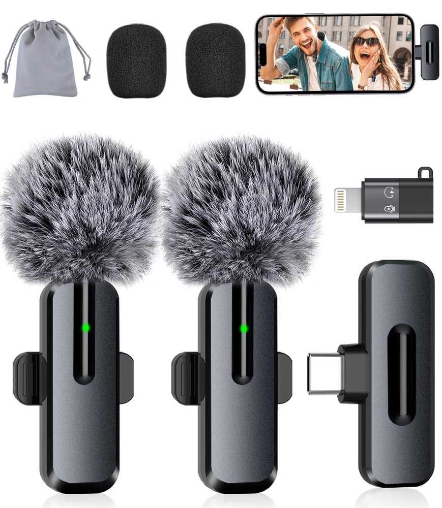 Wireless Mini Microphone for iPhone, Android – 2 Pack Lavalier Microphone for Vi