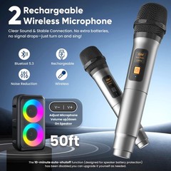 Portable Karaoke Machine Bluetooth Speaker w/ 2 Wireless Mics LED Light