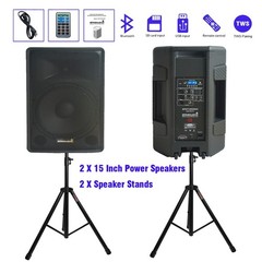 Pair 15″ 4Ohm Powered Active PA Speakers W/ Universal Adjustable Height Tripod