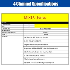 4 Channel Pro Power Mixer Audio Mixing Console 99 DSP w/USB 110-220V Bluetooth