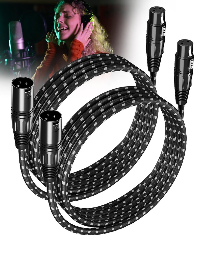 2 Pack 10 Ft Black White XLR Mic Cable Balanced Nylon Braided Male Female