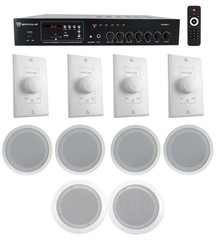Rockville Amp+(4) 8″+(2) 6.5″ White Commercial Ceiling Speakers+Wall Controllers