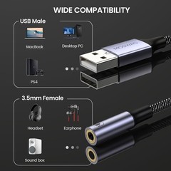 USB to 3.5mm Jack Audio Adapter 0.65Feet/20cm, External Sound Card Support Mi…