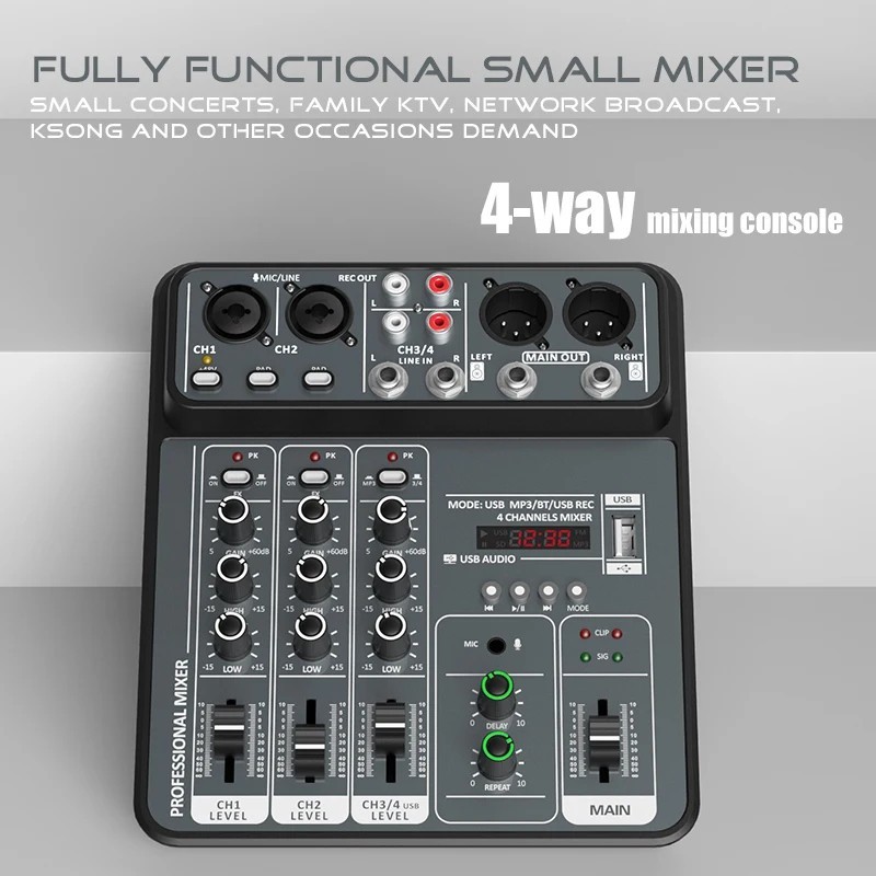 4 Channel Audio Mixer USB Bluetooth DJ Console 48V Phantom Power Karaoke