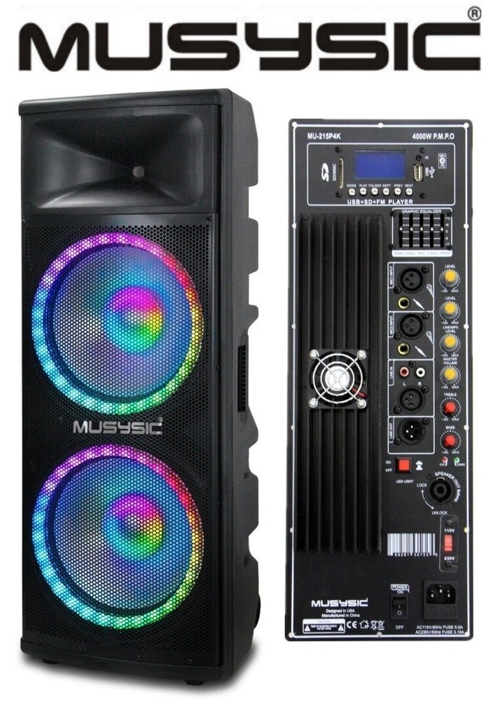 MUSYSIC Professional Dual 2×15″ 4000W Speaker PA DJ LIGHT Bluetooth MU-215P4K