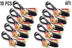 10PCS 6FT 3 RCA Male to Male Composite Audio Video Cable Cord TV DVD Gold Plated