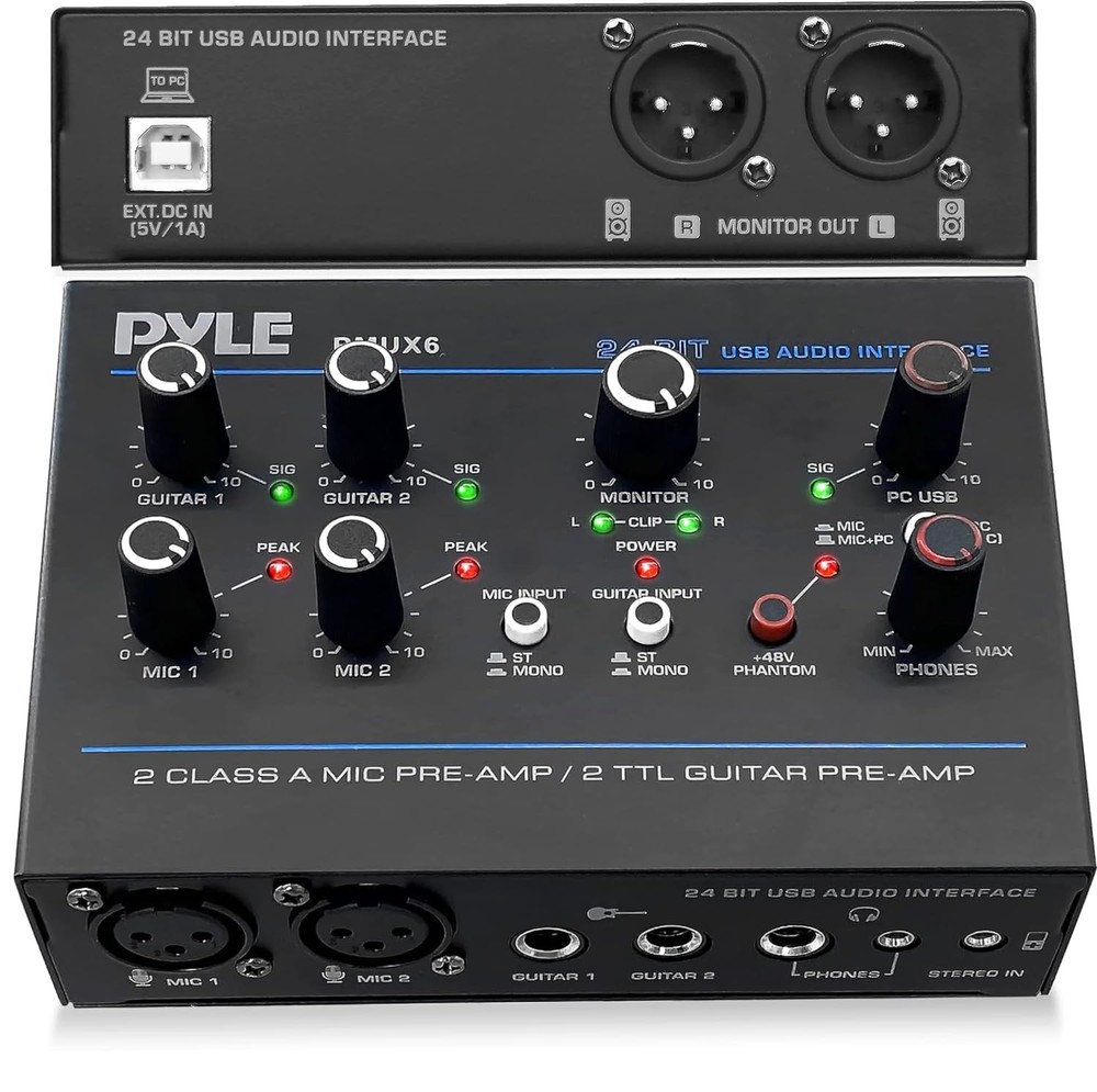 Pyle Professional USB Audio Interface with MIC, Guitar, AUX Stadard, Standard