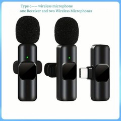 USB C Mini Mic (2) Rechargeable Wireless Microphones & 1 Receiver Type C Black
