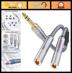 2ft TRS 1/4″ Microphone Splitter Cable – 1 Male to 2 Female Stereo Adapter, Grey