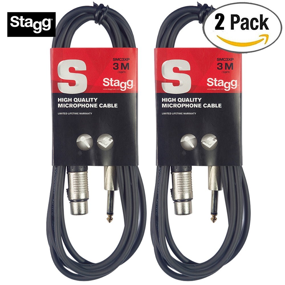2-PACK Stagg SMC3XP XLR Female to 1/4″ Jack 10FT Durable Microphone Cable Black