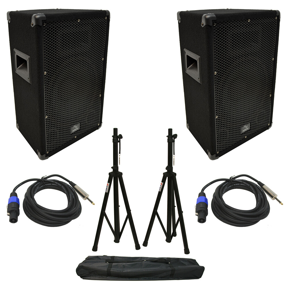 (2) Harmony Audio HA-V10P DJ 10″ 300W PA Speaker Speakon to 1/4″ Cables & Stands