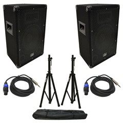 (2) Harmony Audio HA-V10P DJ 10″ 300W PA Speaker Speakon to 1/4″ Cables & Stands