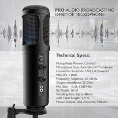 Jovial USB PC Recording Condenser Microphone – Blue LED, Adjustable Gain, Headph