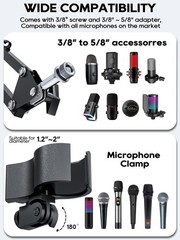 Overhead Boom Arm Microphone Stand Desk Mount 360° Rotatable 25.5 Inch Reach Whi