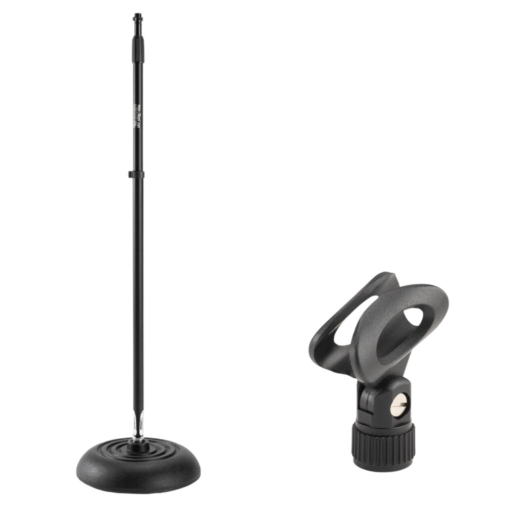 Quarter-Turn Round-Base Microphone Stand + Elliptical Snap Vocal Mic Clip Kit