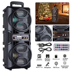 Dual 6.5″ Party Portable Bluetooth Speaker Heavy Bass Sound Remote FM LED Light