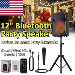 12″ Bluetooth Speaker w/ Stand Wired Mic Remote TWS Heavy Bass for Party Karaoke