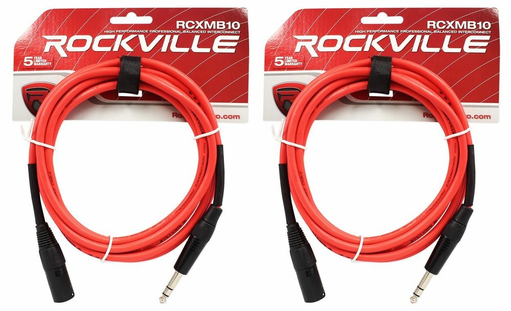 2 Rockville RCXMB10-R Red 10′ Male REAN XLR to 1/4“ TRS Balanced Cables