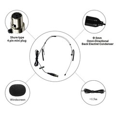 Black Headset Mic Wear Microphone Mini XLR 4 Pin TA4F For Shure Wireless System