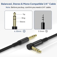 30ft TRS Cable 2-Pack, Right-Angled 6.35mm Male Jack Stereo