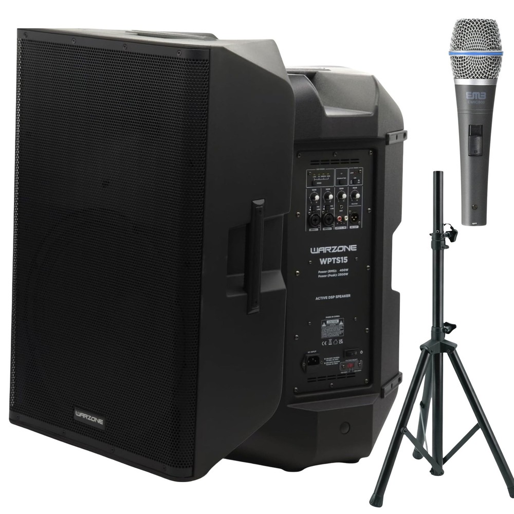 Warzone WPTS15 Speaker Bundle + 1 Adjustable PA Stand + EMB Microphone