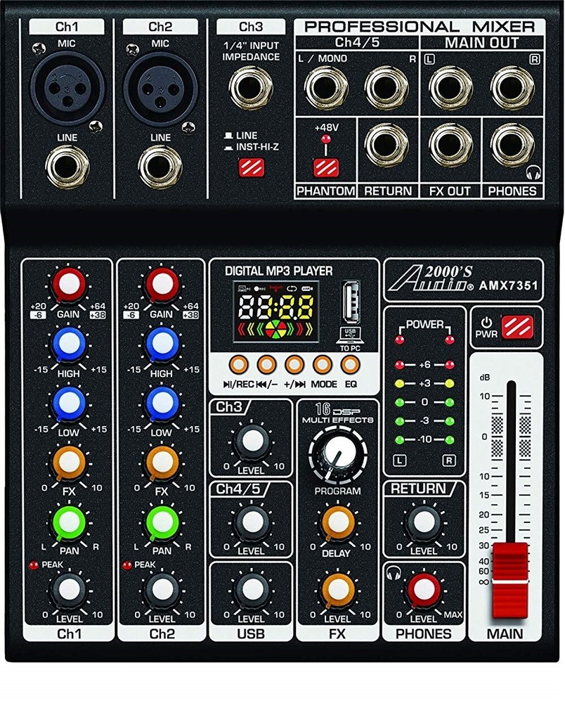 Audio2000’S AMX7351 Five-Channel Audio Mixer with USB 5V Power Supply,USB/PC NEW