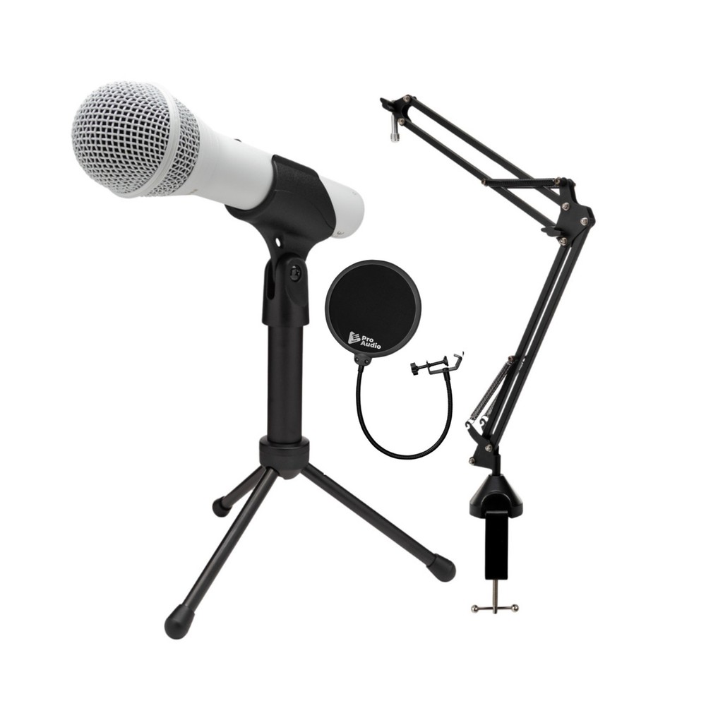 Samson Q2U USB and XLR White Microphone and Boom Arm Microphone Stand Bundle