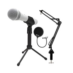 Samson Q2U USB and XLR White Microphone and Boom Arm Microphone Stand Bundle